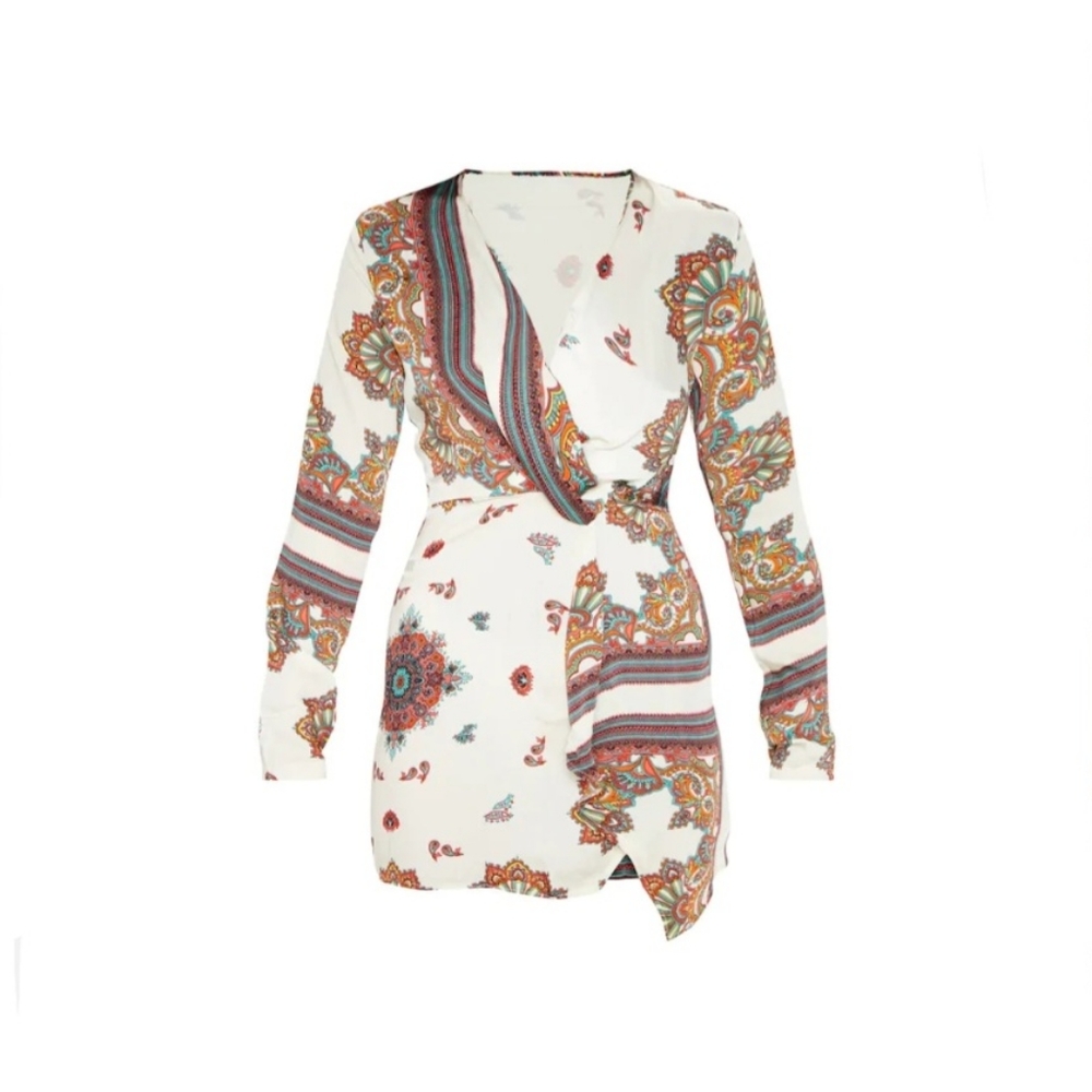 PLT White Printed Silky Long Sleeve Wrap Dress